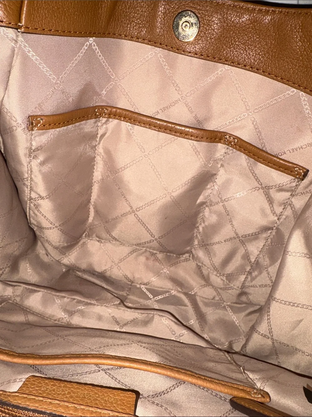 Michael Kors Tan and Cream MK Logo Hobo Shoulder Bag with Gold MK Charm